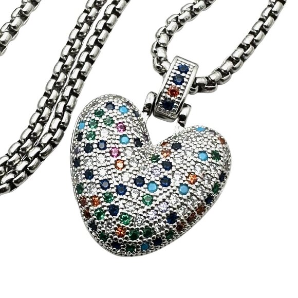 Multicolor Zircon White 18K Gold Plated Heart Pendant Necklace 18 Inch Chain - Picture 3 of 5